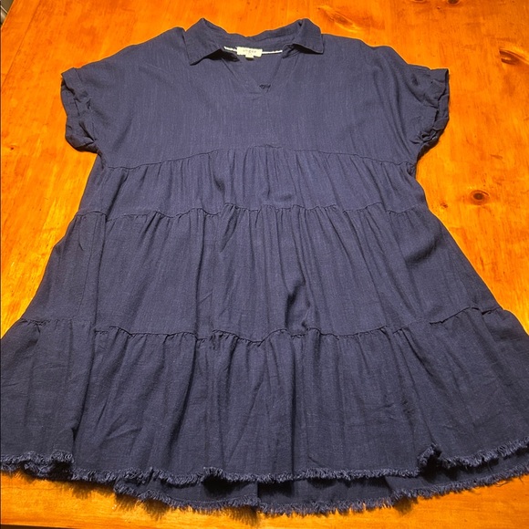 Umgee Full Size Raw Hem Folded Sleeve Tiered Linen Blend Flowy Babydoll Dress - Picture 9 of 11